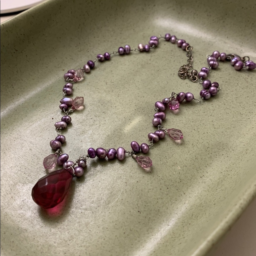 90s purple Pearl & Pink Crystal Teardrop Necklace costume jewelry